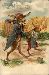 Father and Son Bunny Delivering Easter Eggs Postcard