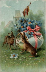 Two Bunnies With Large Decorated Egg Postcard