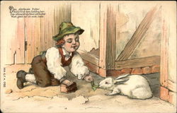 Boy Feeding White Rabbit With Children Postcard Postcard