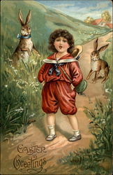 Child Walking Down Path With Bunnies In Background Postcard