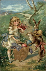 Little girl with two bunnies and basket with eggs With Children Postcard Postcard