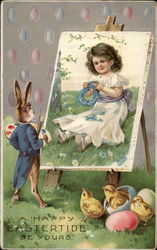 Rabbit Painting Picture of Girl Postcard