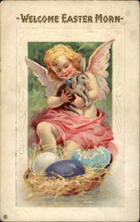 Angel Holds Bunny by a Nest With Eggs With Angels Postcard Postcard