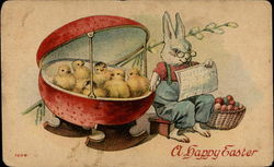 Rabbit Rocking Chicks in an Egg Shaped Cradle Postcard