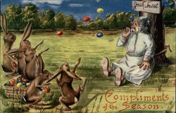 Bunnies Throw Easter Eggs at Jack Frost With Bunnies Postcard Postcard