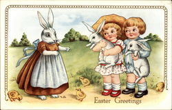 Little girl and boy with Easter Bunnies and Bunny Mom Postcard