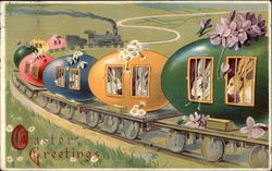 Train cars made of eggs with bunnies looking out Postcard