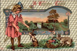 Girl Feeding Rabbits With Bridge Scene With Children Postcard Postcard