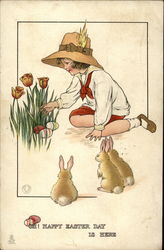 Child finding Easter Eggs under some Tulips Postcard