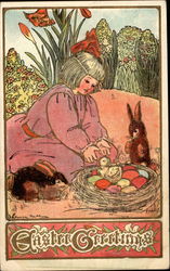 Girl With Bunnies, Chick and Nestful of Easter Eggs With Children Postcard Postcard