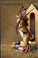 Bunny Shouldering a Rifle Guarding Easter Eggs With Bunnies Postcard Postcard