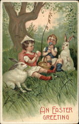 Children and bunnies on a picnic With Children Postcard Postcard