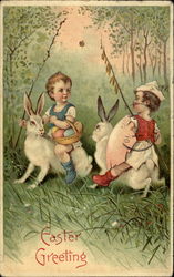 Two Little Boys Each Riding a White Rabbit With Children Postcard Postcard