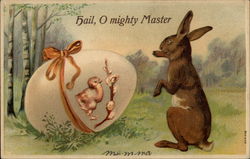 Rabbit With Giant Egg Decorated With Chick and Pussy Willow Eggs Postcard Postcard