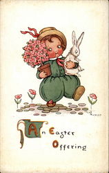 A Child Carrying A Bunny And Flowers Postcard