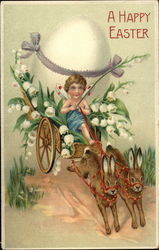 Bunnies Pull Cart With Egg and Lily of the Valley Eggs Postcard Postcard