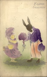 Gentleman rabbit offering flowers to girl bird Postcard