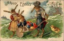 Rabbits Walking a Wheel Barrel With A Chick And Eggs Postcard