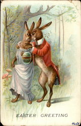 Easter bunny couple courting With Bunnies Postcard Postcard