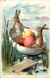 Bunnies With Eggs in a Boat Postcard