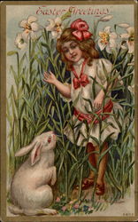 Girl and Bunny With Children Postcard Postcard