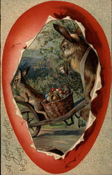 Bunnies and Cart With a Basketful of Eggs With Bunnies Postcard Postcard