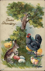 Hen, Chicks, Bunny and Eggs Beneath a Large Tree Postcard