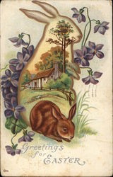 Bunny, Violets and Farmhouse With Bunnies Postcard Postcard