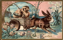 Bunny Pulling A Chick In A Cart With Bunnies Postcard Postcard