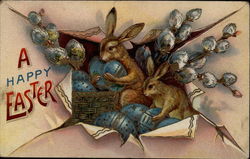 Bunnies, Eggs and Pussy Willow Burst From Envelope With Bunnies Postcard Postcard