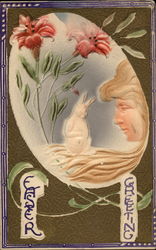 Large egg with face of woman looking at bunny Postcard