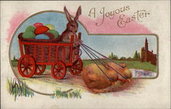 Easter Bunny in his Cart with Eggs With Bunnies Postcard Postcard