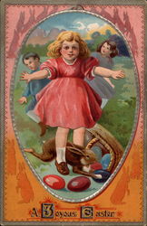 Girl Stands Over Rabbit and Basket of Eggs With Children Postcard Postcard