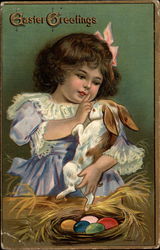 Pretty Little Girl Plays With Bunny With Children Postcard Postcard