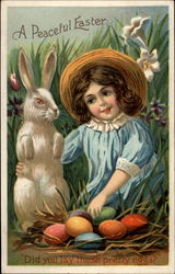 A Girl Playing With a Bunny And Admiring Eggs Postcard Postcard