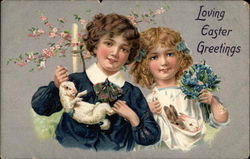 Girl and Boy Hold Bunnies and Flowers With Children Postcard Postcard