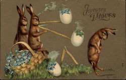 Rabbits smoking pipes made from Easter eggs With Bunnies Postcard Postcard