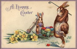 Easter Bunnies Golfing with Eggs Postcard