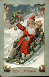 A Merry Christmas with Santa on a Sled Santa Claus Postcard Postcard