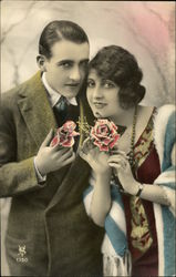 Art Deco Couple with Roses Couples Postcard Postcard