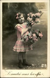 Young Girl in Pink Dress with Flowers Postcard