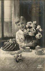 Boy at Tea Table with Bunch of Roses Boys Postcard Postcard