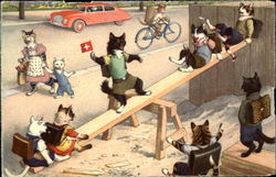 Cats in clothes on seesaw Postcard