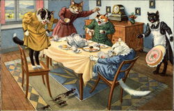 Mainzer Cats Eating Dinner Scared of Four Mice Running Under Table Postcard Postcard