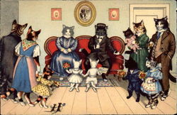 Mainzer Cats Bringing Flowers to Grandparents on Red Sofa Postcard Postcard