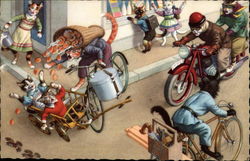 Cats on Bicycles and Motorcycle have Accident Postcard Postcard