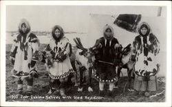 Four Eskimo Natives with Sled Reindeer Postcard