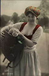 Peasant Girl with Flower Basket on Hip Postcard