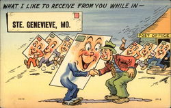 Cartoon of postcards with legs coming out of Post Office Postcard