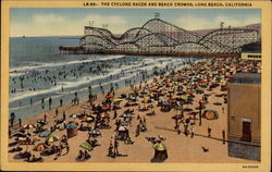 The Cyclone Racer and Beach Crowds Long Beach, CA Postcard Postcard